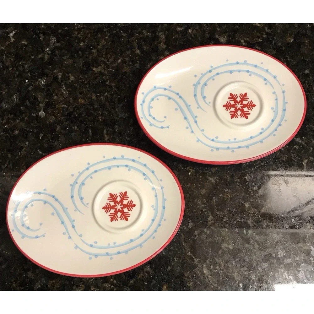 Set of 2 Starbucks 2007 Christmas Coffee Cup & Saucer Holiday‎ Snowman & Penguin